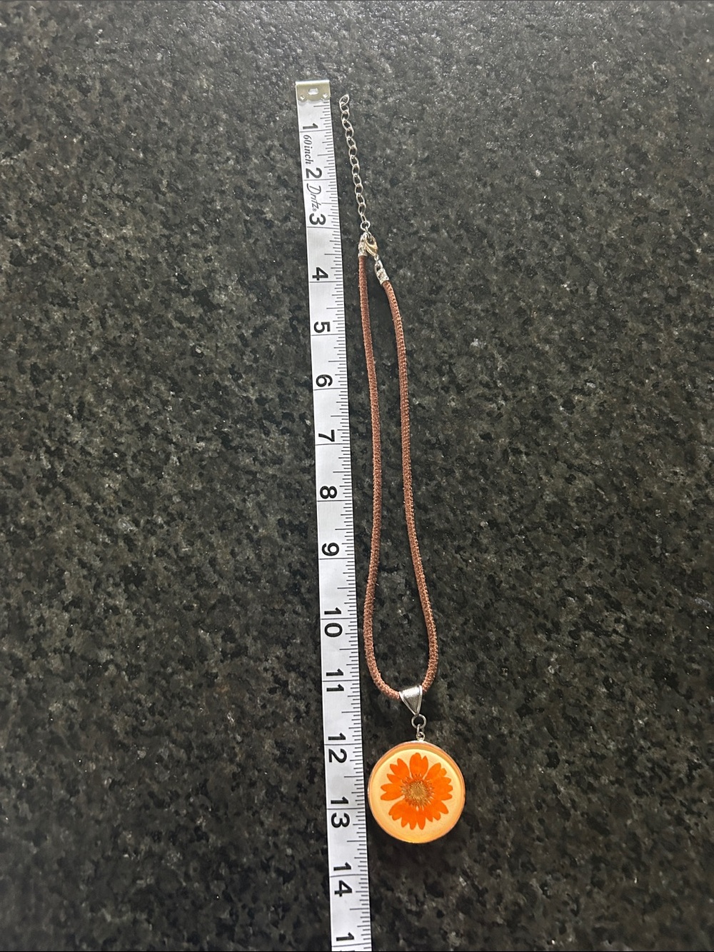 Orange Resin Flower Pendant Necklace with Brown Cord - Picture 7 of 8